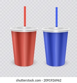 Taza desechable de papel con tapa y paja para bebida fría -soda, té helado, cóctel, batido, jugo. Ilustración del vector 3d