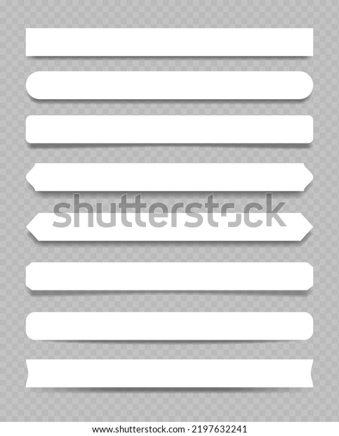 Paper dividers and shadows. Vector collection of\
white note paper template, tag, label with shadows. Page dividers\
with overlay effect. Realistic blank scraps on transparent\
background. Promo\
message