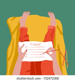 A Paper With A To Do List Tasks On A Knees Of A Girl Of A Woman; Hands Holding A Paper And A Pencil; Making Plans; A Vector Cartoon Illustration; A Top View