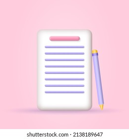 Icono 3d del documento de papel con lápiz. Lista, signo de nota. Ilustración vectorial.