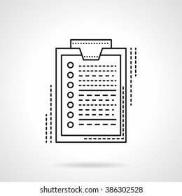 Paper document with check list on clipboard. Office supplies. Business and management. Flat line style vector icon. Single design element for website, business.
