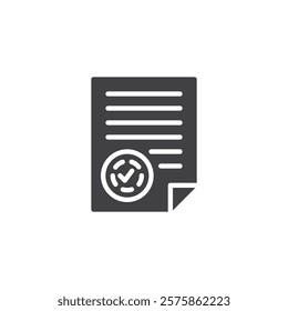 A paper document with a checkmark and seal vector icon. filled flat sign for mobile concept and web design. Insurance Document glyph icon. Agreement symbol, logo illustration. Vector graphics