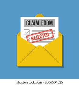 paper document claim form with stamp rejected in opened envelope, flat vector illustration