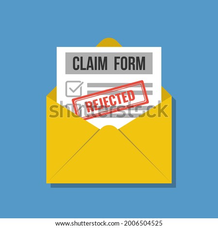 paper document claim form with stamp rejected in opened envelope, flat vector illustration