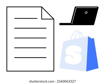 A paper document, a closed laptop, and a blue shopping bag with an S logo ideal for themes like digital business, online shopping, office work, e-commerce, and technology. Simple, modern, minimal