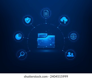 paper document data online digital technology on blue background. upload and download database. folder technology safety. vector lowpoly hi-tech.