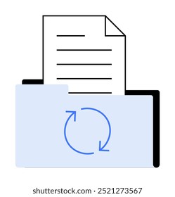 A paper document emerging from a blue folder with synchronization arrows. Ideal for digital storage, data management, cloud synchronization, office administration, and organization themes. Minimalist