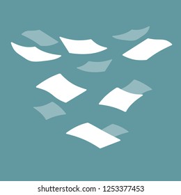 Paper document files fly in the air. The thrown white sheets fall down. Released list. Light garbage from the office on a blue background. Cartoon flat illustration
