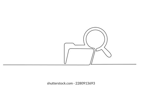 Paper document folder file with magnifying glass. Office notes concept. Continuous one line drawing of paper sheet document. Business analysis concept. Vector illustration