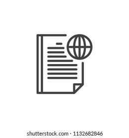 Paper document with globe outline icon. linear style sign for mobile concept and web design. Global network page simple line vector icon. Symbol, logo illustration. Pixel perfect vector graphics