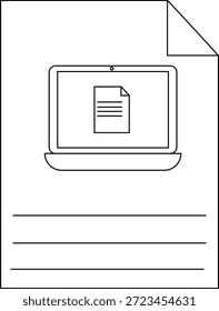 Un documento en papel tiene una computadora portátil que muestra un icono de documento con líneas debajo. La esquina superior derecha está doblada