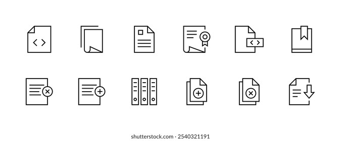 Paper and document icon collection. File, book, folder, page, paperwork, checklist, archive, attachment and more. Editable stroke. Pixel Perfect. Grid base 32px.