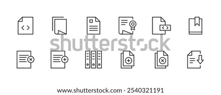 Paper and document icon collection. File, book, folder, page, paperwork, checklist, archive, attachment and more. Editable stroke. Pixel Perfect. Grid base 32px.