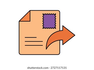 Icono de documento de papel con sello púrpura y flecha de envío curva