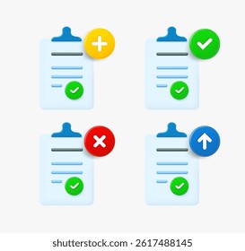 Paper document icon set with different pictograms. 3d vector icons collection
