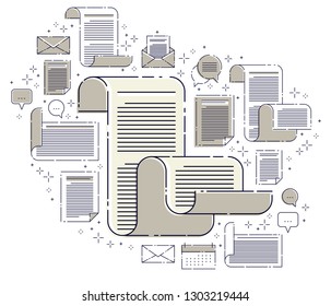 Paper document with icon set, electronic documentation concept, data saving and protection, FAQ or agreement membership contract and rules, vector design.