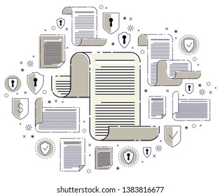 Paper document with icon set, electronic documentation concept, data saving and protection, FAQ or agreement membership contract and rules, vector design.