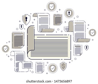 Paper document with icon set, electronic documentation concept, data saving and protection, FAQ or agreement membership contract and rules, vector design.