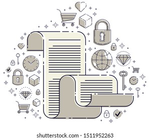 Paper document with icon set, electronic documentation concept, data saving and protection, FAQ or agreement membership contract and rules, vector design.