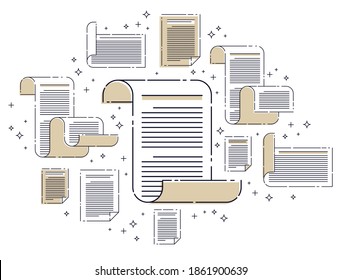 Paper document with icon set, electronic documentation concept, data saving and protection, FAQ or agreement membership contract and rules, vector design.
