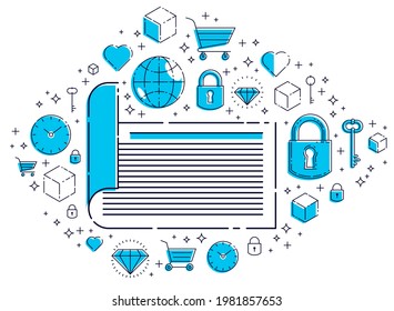 Paper document with icon set, electronic documentation concept, data saving and protection, FAQ or agreement membership contract and rules, vector design.