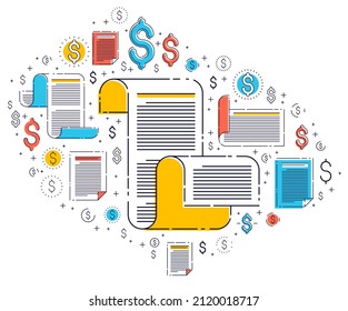 Paper document with icon set, electronic documentation concept, data saving and protection, FAQ or agreement membership contract and rules, vector design.