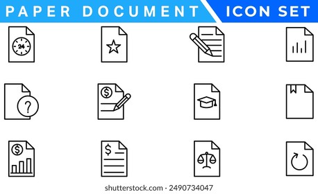 Paper document icon set. Folded written paper document page icon vector element. Linear File icon in different styles.