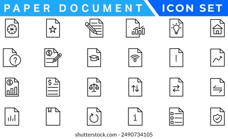 Paper document icon set. Folded written paper document page icon vector element. Linear File icon in different styles.