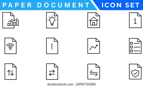 Paper document icon set. Folded written paper document page icon vector element. Linear File icon in different styles.