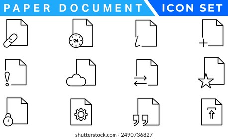 Paper document icon set. Folded written paper document page icon vector element. Linear File icon in different styles.