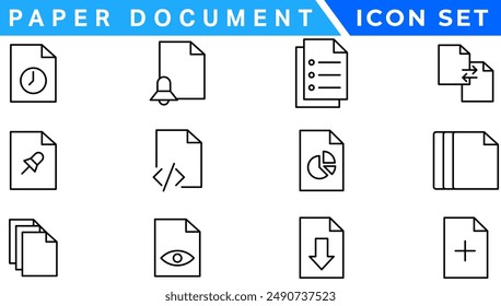 Paper document icon set. Folded written paper document page icon vector element. Linear File icon in different styles.