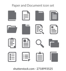 Paper and Document Icon Set with Folders, Files, Reports and Clipboard Symbols for Office, Business Apps and UI Design

