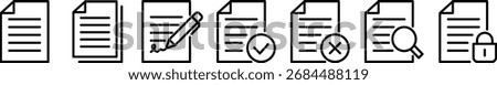Paper document icon set. Office note sign. Written paper, signature, copy files, approved, secure, audit document. Report symbol. Transparent png and vector illustration.