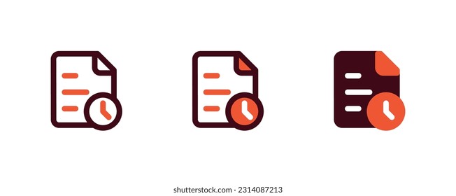 Paper document icons with time loading in 3 styles. Line, combination, and flat icon. File icon. Folded written paper with the clock symbol. 
