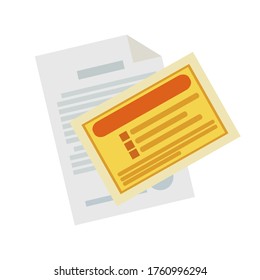 Paper document isolated on white background. Mail notification, order with stamp and signature. Yellow penalty ticket. Vector illustration, flat design, cartoon style.