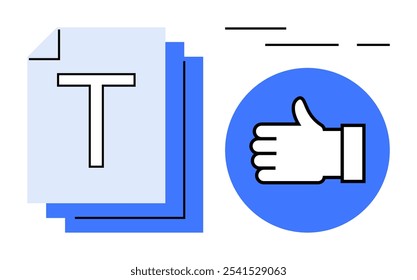 Documento em papel com um T grande na tampa e um símbolo polegar para cima contra um círculo azul. Ideal para temas como documentação, processo de aprovação, feedback positivo, dados de negócios e gráficos