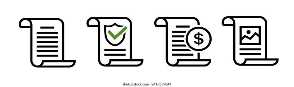 Paper document line icon set. Letter symbol. Security contract or contract of protection sign. Order, payment and bill invoice symbol. Tax sign design. Vector illustration for graphic design, Web.