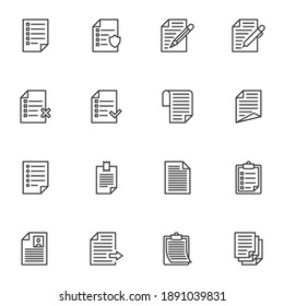 Paper document line icons set, outline vector symbol collection, linear style pictogram pack. Signs, logo illustration. Set includes icons as report, wish list, cv resume, paper clipboard, task list