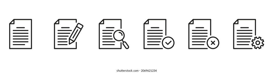 Paper Document Line Icons Set. File and Paper Pages Collection. Black Business Documents Symbol with Pencil, Gear, Magnifier Outline Icons. Editable Stroke. Isolated Vector Illustration.