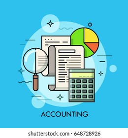 Paper document, magnifying glass, calculator and pie chart. Accounting and auditing service, budget planning, revenue and financial gains calculation concept. Vector illustration for poster, website.