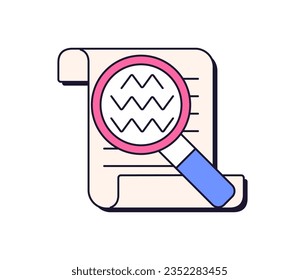 Paper document and magnifying glass, lens, loupe. Retro-styled 90s icon design. Scrutiny, business analysis, audit, research concept. Flat graphic vector illustration isolated on white background