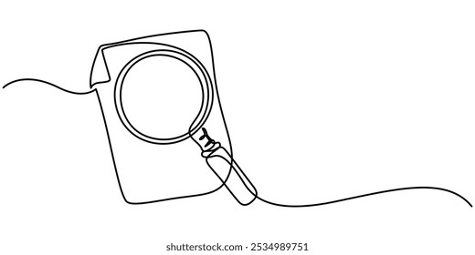 Paper document with magnifying glass one line.Office notes concept.Continuous line drawing of paper sheet document.Business analysis concept, continuous line drawing clipboard with magnifying glass.