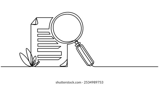 Paper document with magnifying glass one line.Office notes concept.Continuous line drawing of paper sheet document.Business analysis concept, continuous line drawing clipboard with magnifying glass.