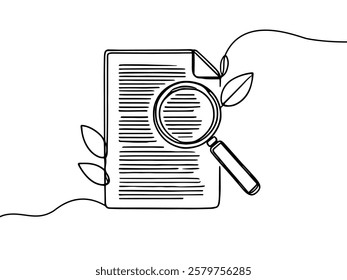 Paper document with magnifying glass one line.Office notes concept.Continuous line drawing of paper sheet document.Business analysis concept, continuous line drawing clipboard with magnifying glass.