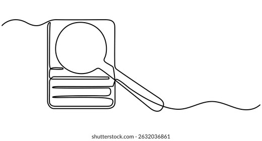  Documento de papel con lupa una línea, concepto de notas de oficina, documento de hoja de papel de dibujo de línea continua. Concepto de análisis de negocios, Portapapeles de dibujo de línea continua con lupa. 