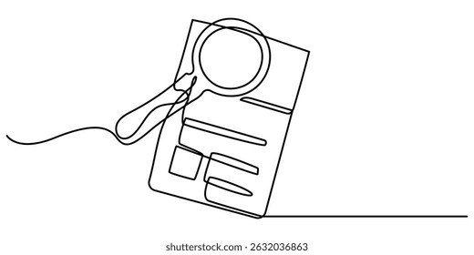  Paper document with magnifying glass one line, Office notes concept, Continuous line drawing paper sheet document. Business analysis concept, continuous line drawing clipboard with magnifying glass. 