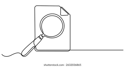  Paper document with magnifying glass one line, Office notes concept, Continuous line drawing paper sheet document. Business analysis concept, continuous line drawing clipboard with magnifying glass. 