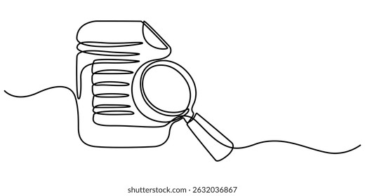  Paper document with magnifying glass one line, Office notes concept, Continuous line drawing paper sheet document. Business analysis concept, continuous line drawing clipboard with magnifying glass. 