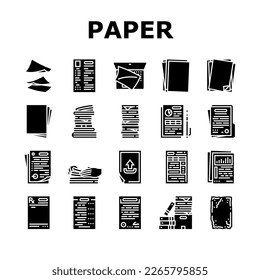 paper document office note page icons set vector. business web, white pen, contract element, message sheet, form pencil, write paper document office note page glyph pictogram Illustrations