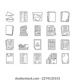 paper document office note page icons set vector. business web, white pen, contract element, message sheet, form pencil, write paper document office note page black contour illustrations
